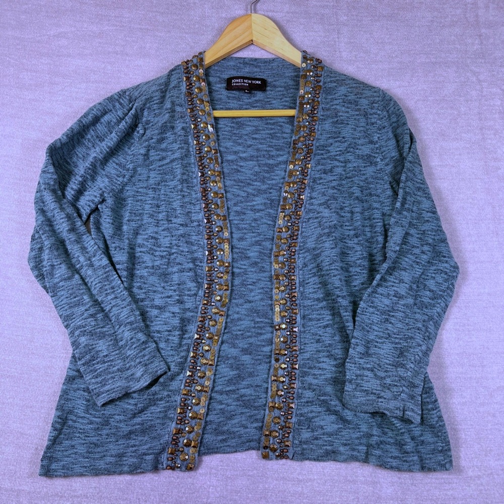 Jones New York Collection Embellished Open‎ Front Cardigan Sweater Womens S Blue